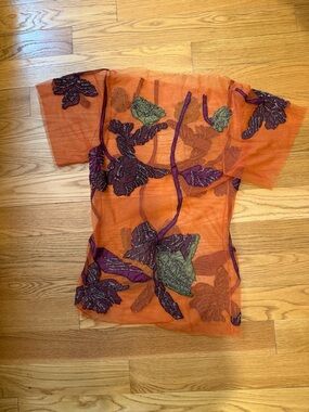 Sheer Embroidered Orange Floral Short Sleeve Top